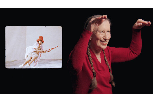 Meredith Monk talks about music and movement, with a frame from “16 Millimeter Earrings” screen left. 
